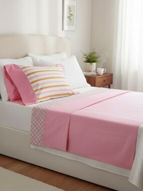 Vintage 70's Lattice Trim Double Flat Sheet & Striped Pillowcase